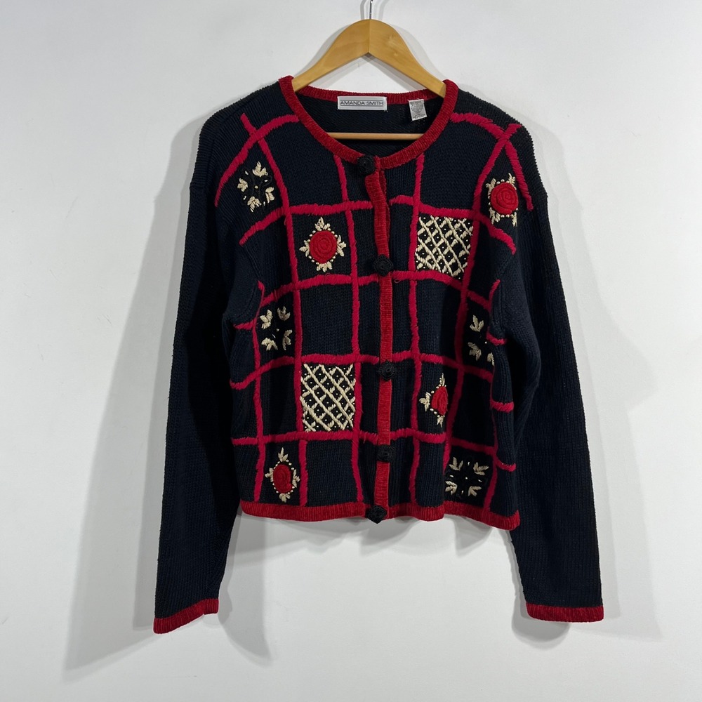Amanda Smith VTG Folk Dark Cottagecore Boho Cardigan Sweater Embroidered Large